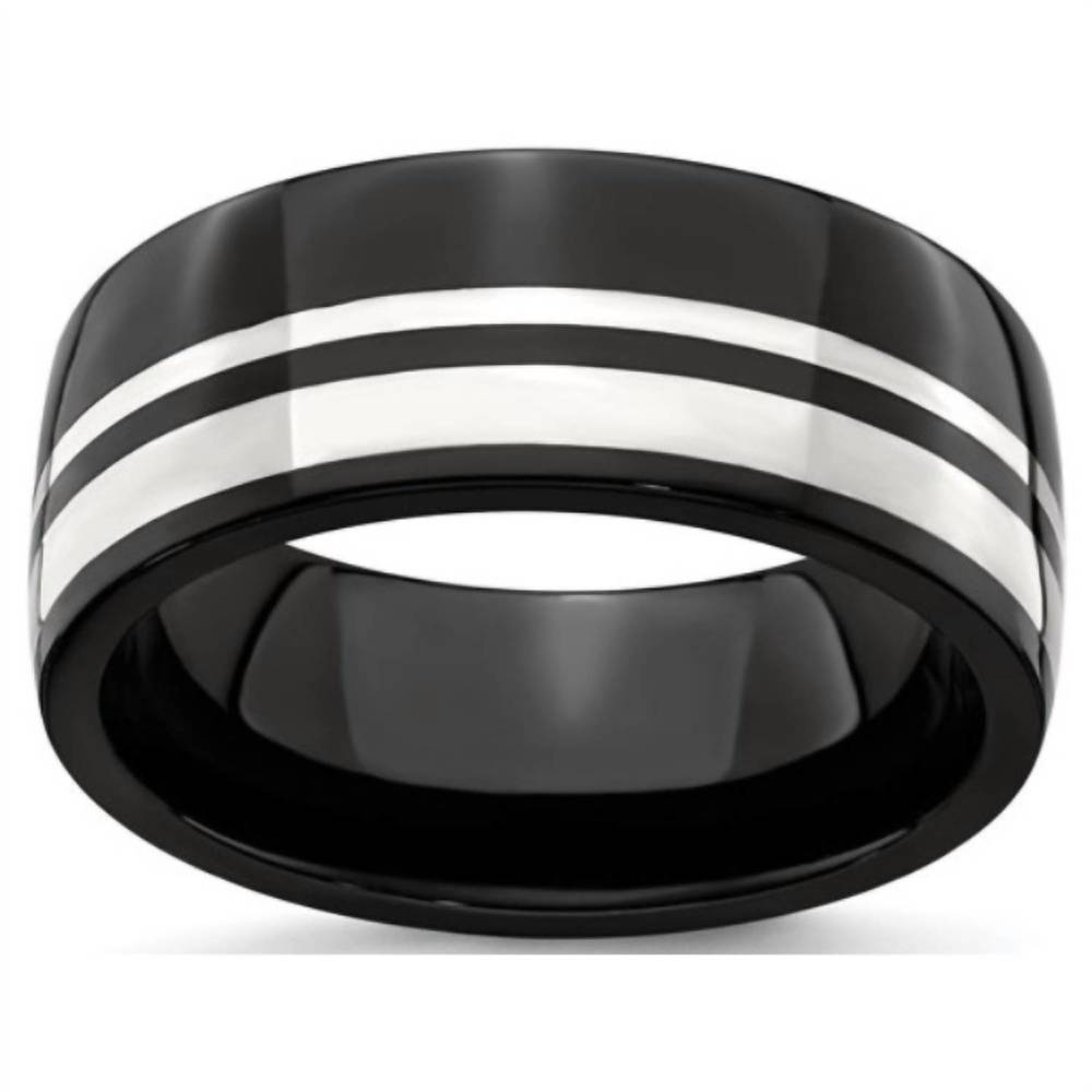 NEW QUALITY GOLD men's titanium and sterling silver ring in black